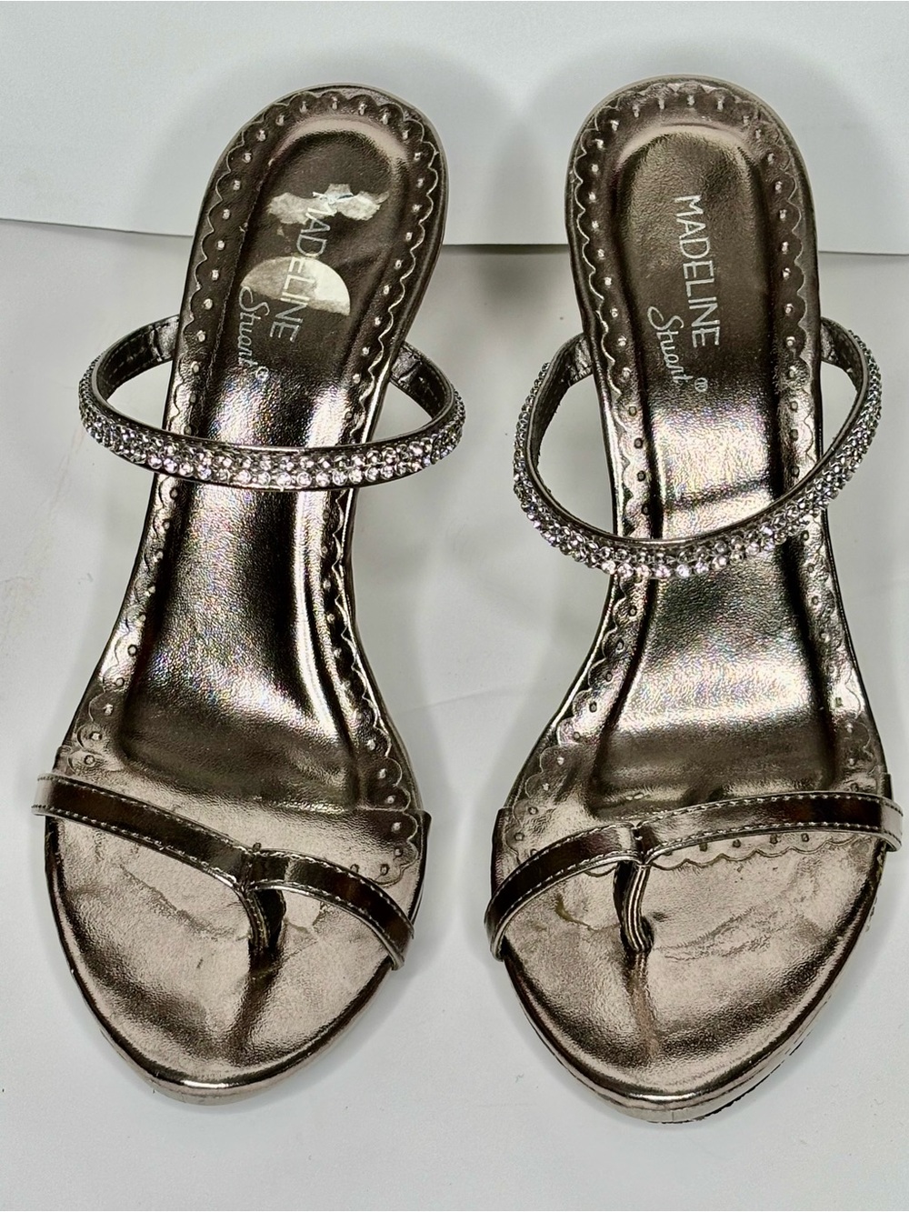 Madeline Metallic Silver Rhinestone Strap Heeled Slides